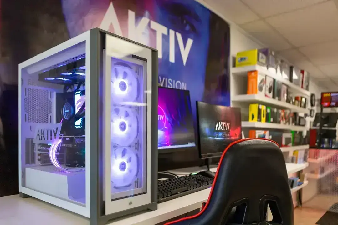 A high-performance gaming PC with vibrant RGB lighting on display at Simplified Computers. This build highlights the store’s expertise in Gaming systems, PC repair in Champaign, and professional computer repair through Simplified Business.