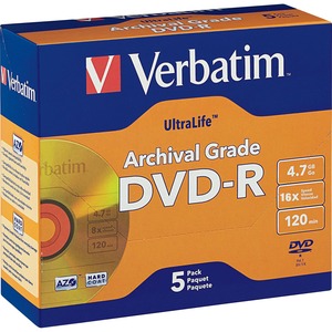 Verbatim DVD-R 4.7GB 16X UltraLife Gold Archival Grade with Branded Surface and Hard Coat - 5pk Jewel Case