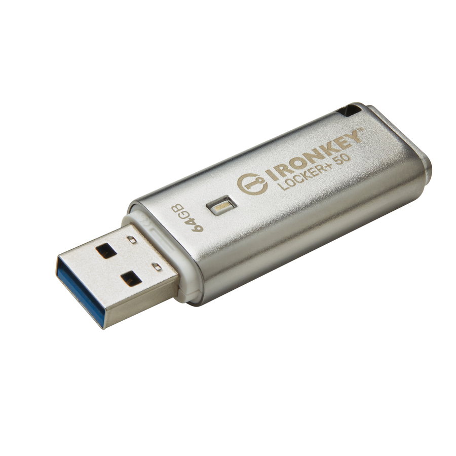 IronKey Locker+ 50 USB Flash Drive - 64 GB - USB 3.2 (Gen 1) Type A - 145 MB/s Read Speed - 115 MB/s Write Speed - Silver - XTS-AES, 256-bit AES - 5 Year Warranty - TAA Compliant