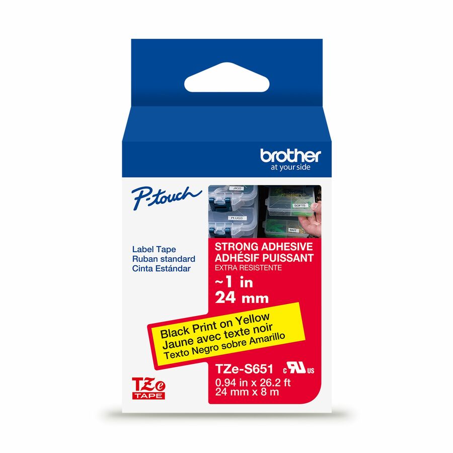 Brother Genuine P-touch TZeS651 BK on YL Label Tape, Strong Adhesive Lam., 24mmX8m