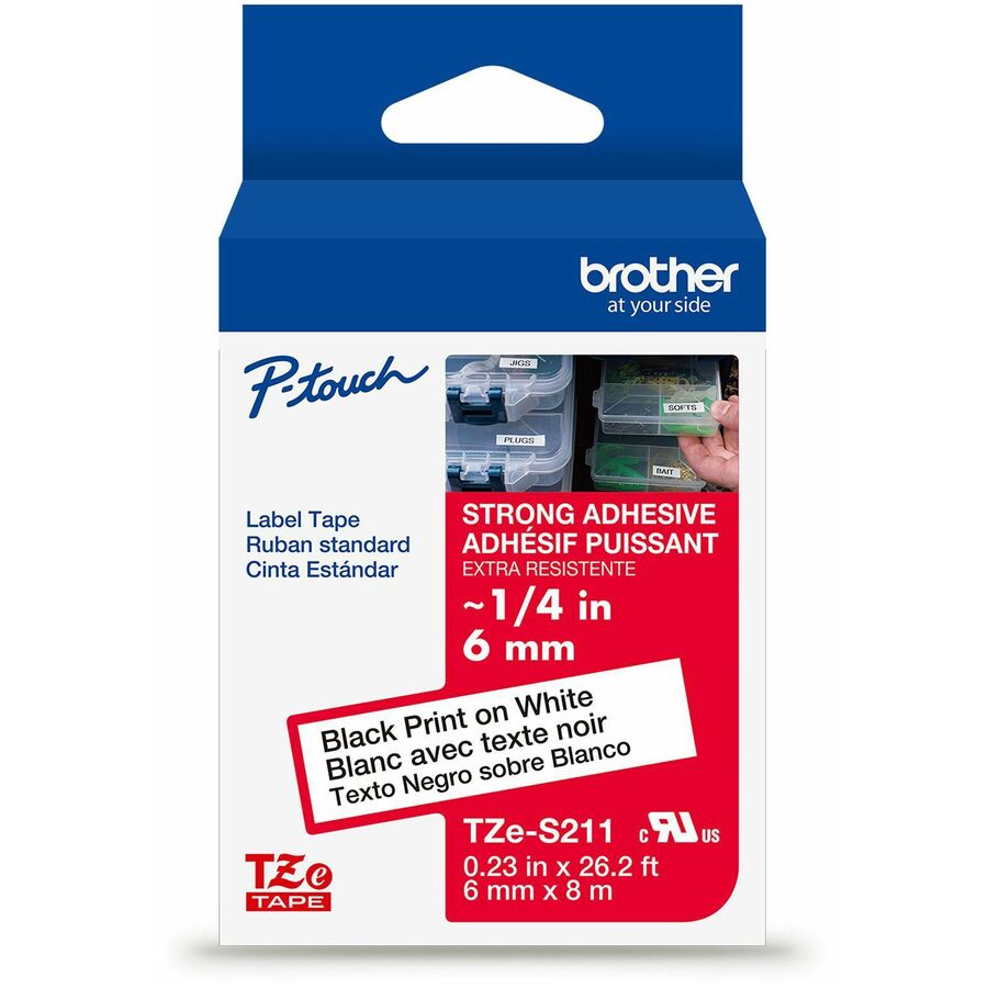 Brother Genuine P-touch TZeS211 BK on WHT Label Tape, Strong Adhesive Lam., 6mmX8m