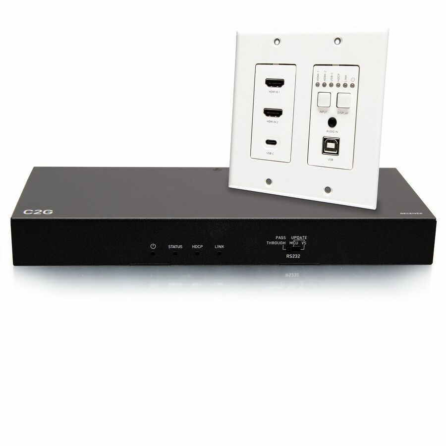 C2G HDBaseT Dual 4K HDMI Extender + USB C, 3.5mm and USB B to A over Cat - HDMI Wall Plate to Receiver Box - 4K 60Hz
