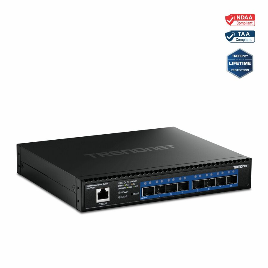 TRENDnet 8-Port 10G Layer 2 Managed SFP+ Switch, TL2-F7080, 8 x 10G SFP+ Ports, Web-Based Management, NDAA + TAA Compliant, 160Gbps, Layer 2 Hub, Ethernet Splitter