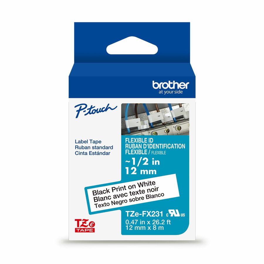 Brother Genuine P-touch TZeFX231 BK on WHT Label Tape, Flexible ID Laminated, 12mmX8m