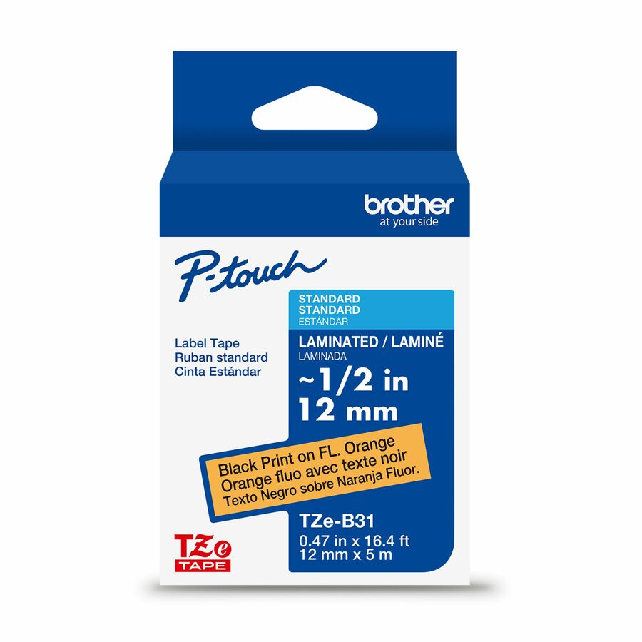 Brother Genuine P-touch TZeB31 BK on FLUOR ORG Label Tape, Laminated, 12mmX5m