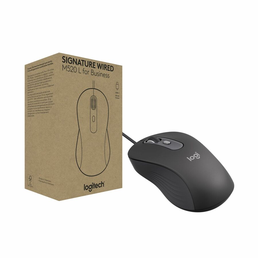 Logitech Signature Wired M520 Large for Business, Optical Wired Mouse, USB-C Plug-and-Play, Graphite