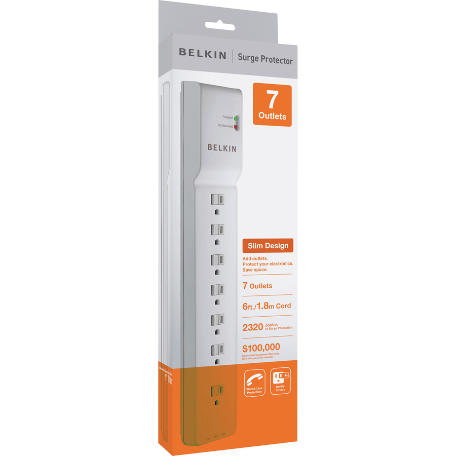 [32BelkinBE107200] Belkin 7-Outlet Surge Protector - 6ft Cord - Right Angle Plug - 2320J - Telephone Protection - White