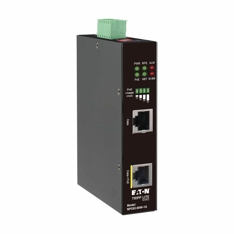 Tripp Lite by Eaton Industrial Gigabit Ethernet PoE injector 90W PoE++ 802.3bt Midspan -40â"? to +75â"? IP30 housing Dual 24-57VDC DIN rail 1 Port