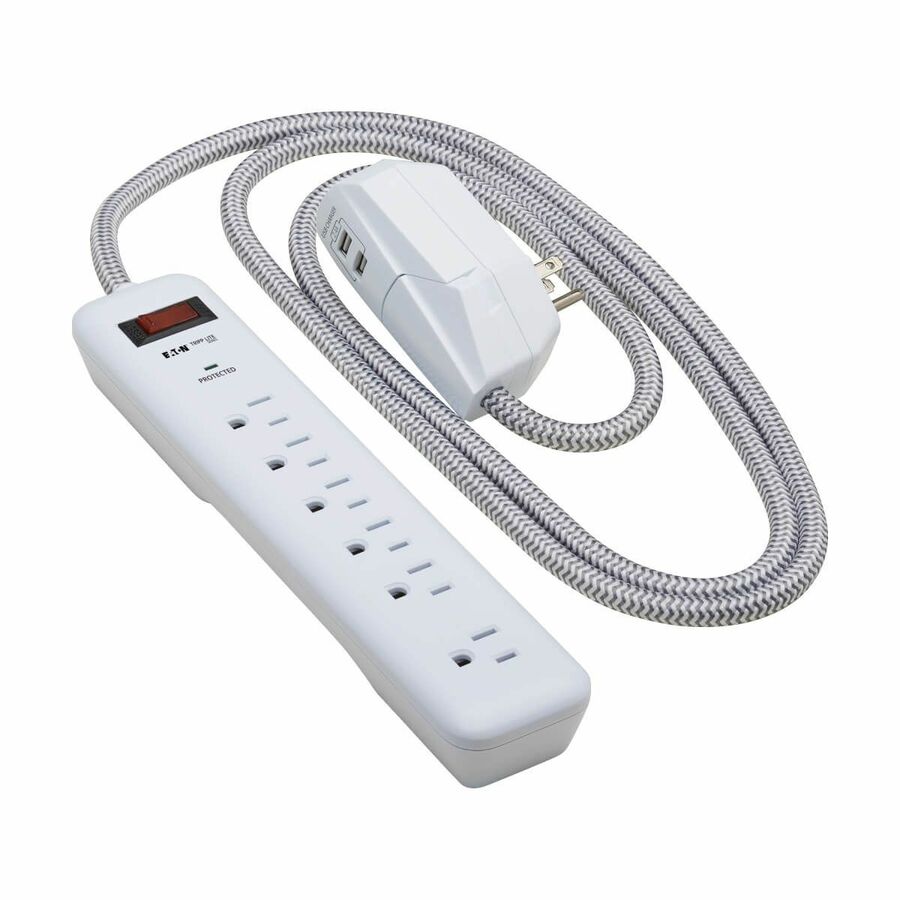 Tripp Lite by Eaton 7-Outlet Surge Protector - 6 on strip/1 in detachable plug 2 USB Ports (2.4A Shared) Detachable Charger Plug 6 ft. Cord 5-15P Plug 900 Joules White
