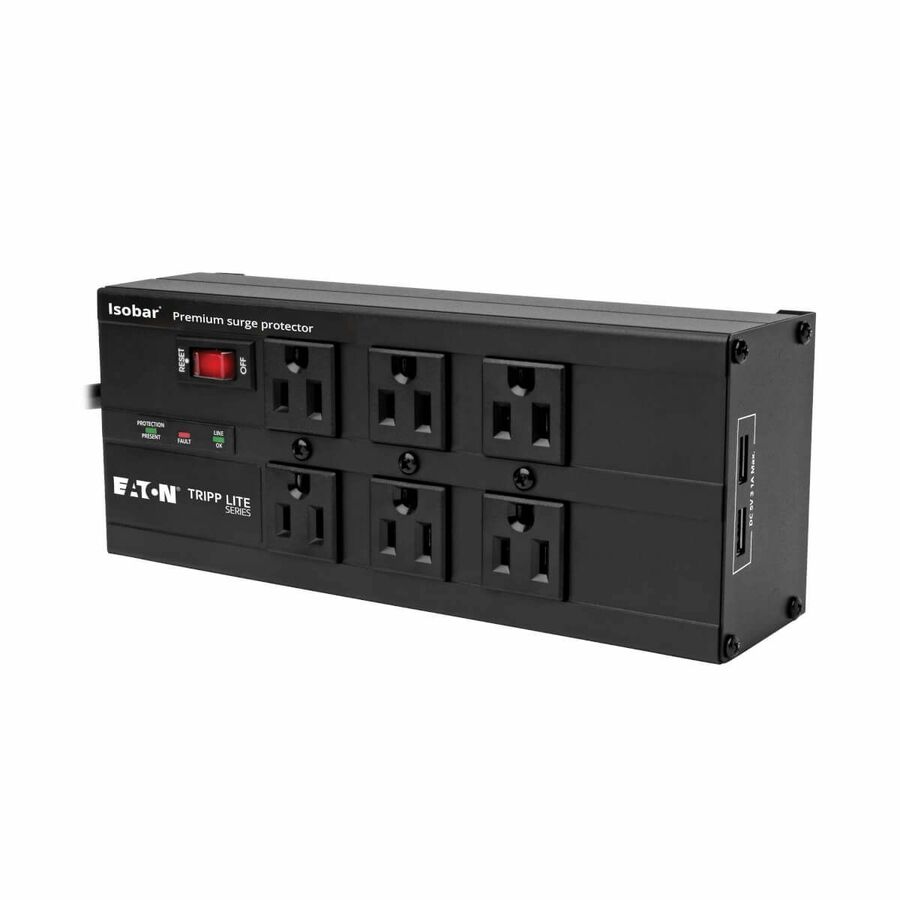 Eaton Tripp Lite Series Isobar 6-Outlet Surge Protector, 10 ft. (3.05 m) Cord, Right-Angle Plug, 3840 Joules, 2 USB Ports, Metal Housing