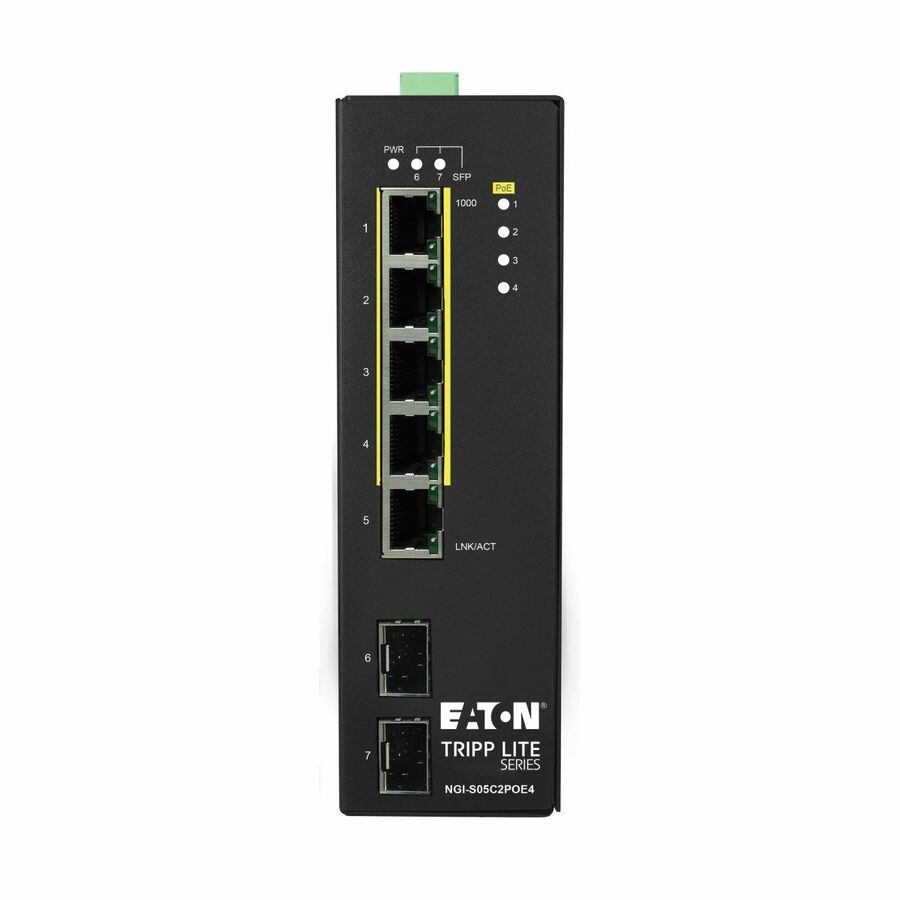 Eaton Tripp Lite Series 5-Port Lite Managed Industrial Gigabit Ethernet Switch - 10/100/1000 Mbps, PoE+ 30W, 2 GbE SFP Slots, -10° to 60°C, DIN Mount, TAA