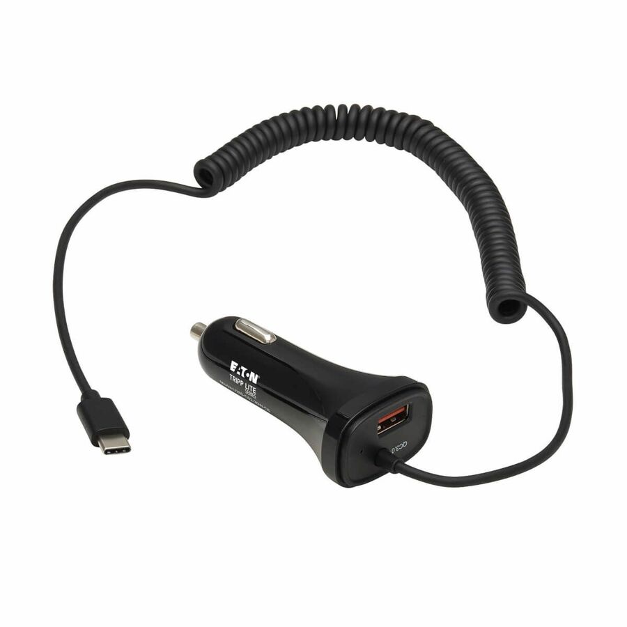 Eaton Tripp Lite Series Dual-Port USB Car Charger with 30W Charging - USB-C (18W) QC 3.0, USB-A (12W), Coiled 6 ft. (1.83 m) USB-C Cable, Black