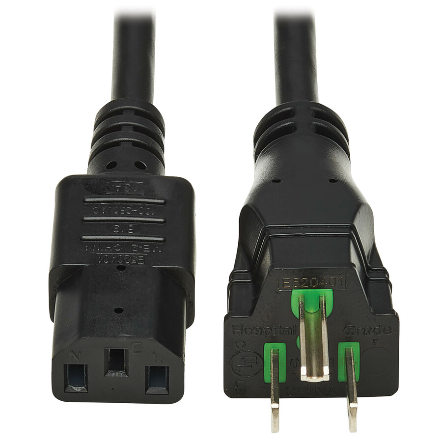 Eaton Tripp Lite Series Safe-IT Antibacterial Hospital-Grade Power Cord, 5-15P to C13 - Green Dot, 13A, 125V, 16 AWG, Black, 6 ft. (1.8 m)