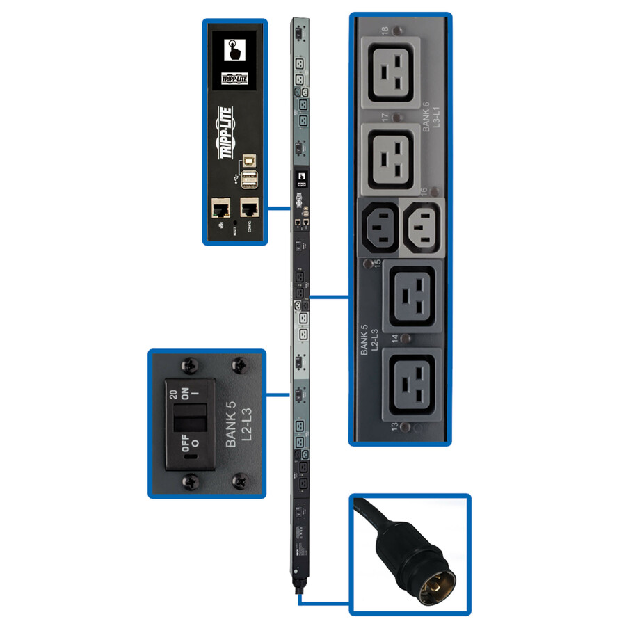 Tripp Lite by Eaton PDU 14.4kW 208V 3PH Monitored Per-Outlet PDU - LX Interface Gigabit 18 Outlets 50A CS8365C Input LCD 1.8 m Cord 0U 1.8 m Height TAA