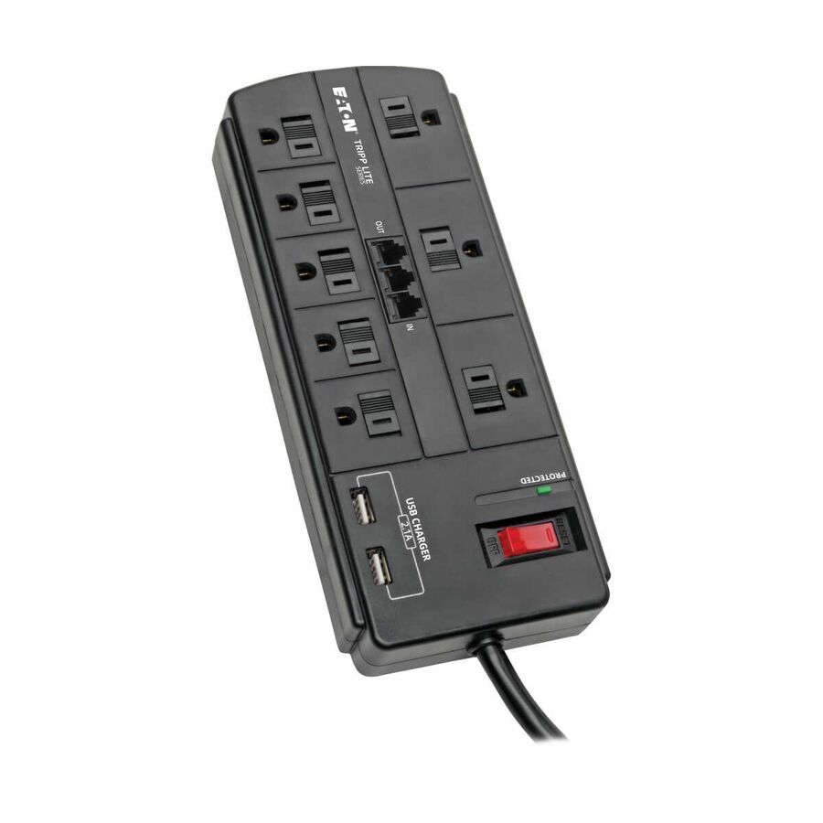 Eaton Tripp Lite Series 8-Outlet Surge Protector with 2 USB Ports (2.1A Shared) - 8 ft. (2.43 m) Cord, 1200 Joules, Tel/Modem, Black
