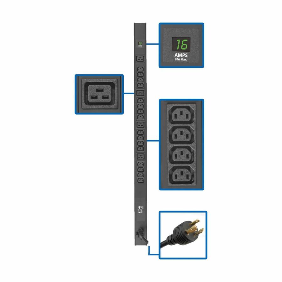 Eaton Tripp Lite Series 3.7kW 208/230V Single-Phase Local Metered PDU - 16 C13 & 4 C19 Outlets, C20/L6-20P Input, 10-ft. (3.05 m) Cord, 40 in. 0U Rack