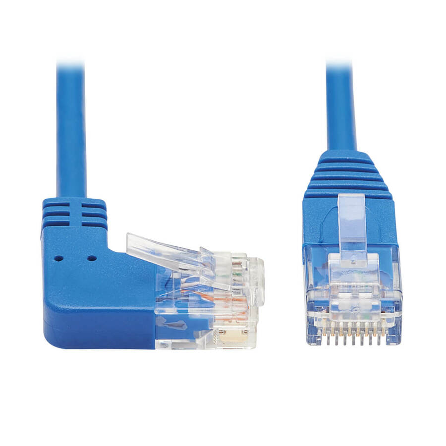 Eaton Tripp Lite Series Right-Angle Cat6 Gigabit Molded Slim UTP Ethernet Cable (RJ45 Right-Angle M to RJ45 M), Blue, 5 ft. (1.52 m)