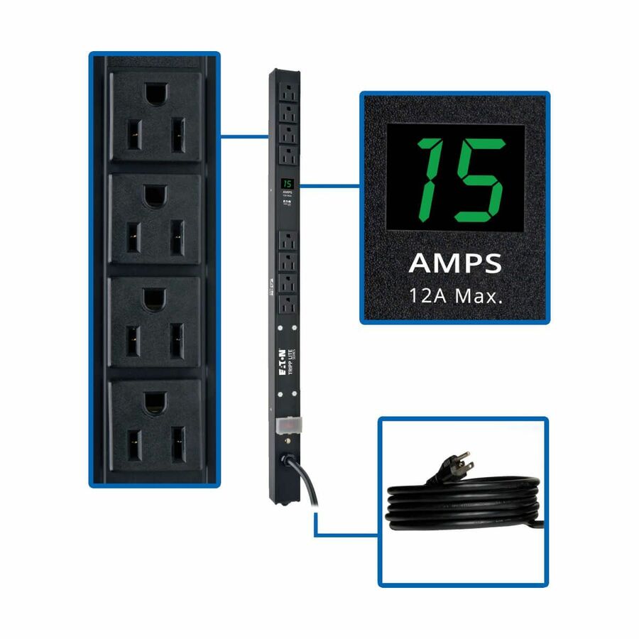 Tripp Lite by Eaton PDU 1.5kW Single-Phase Local Metered PDU 100-127V Outlets (8 5-15R) 5-15P 15 ft. (4.57 m) Cord 0U Vertical 24 in.