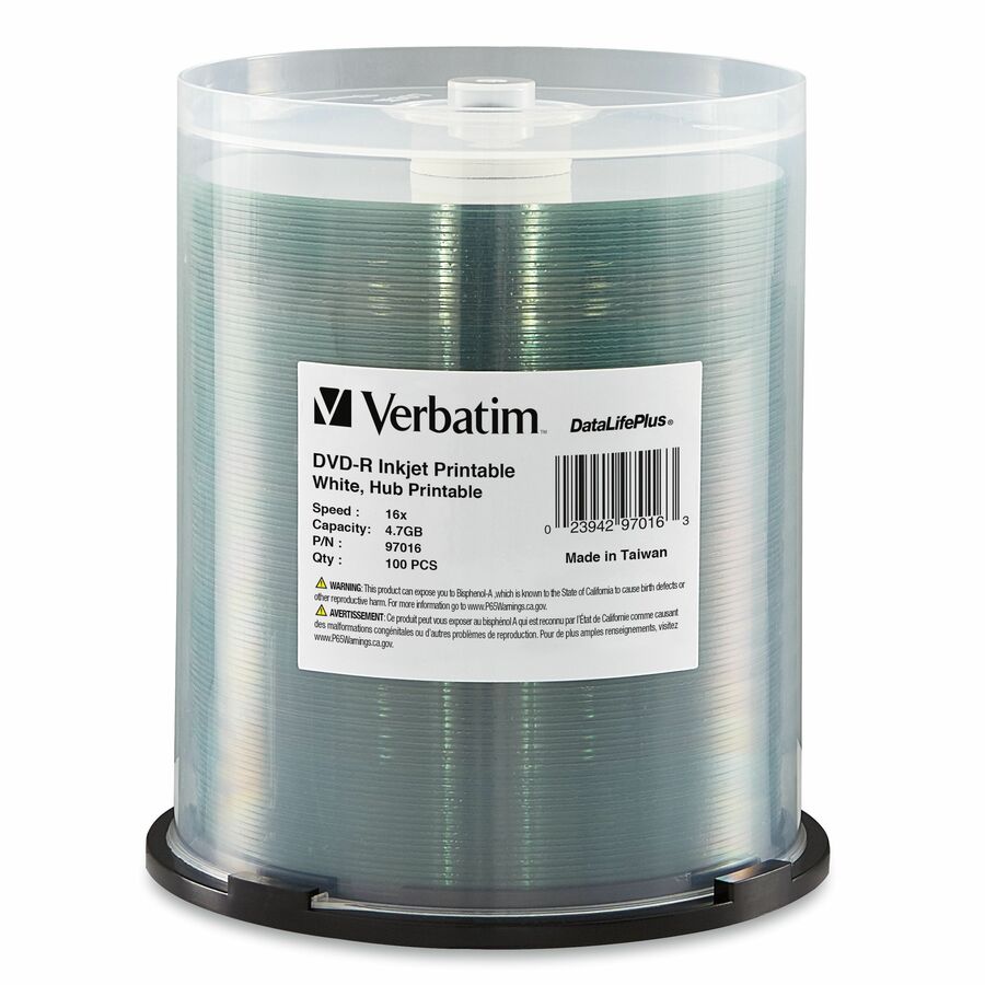 Verbatim 97016 DVD Recordable Media - DVD-R - 16x - 4.70 GB - 100 / Pack - White