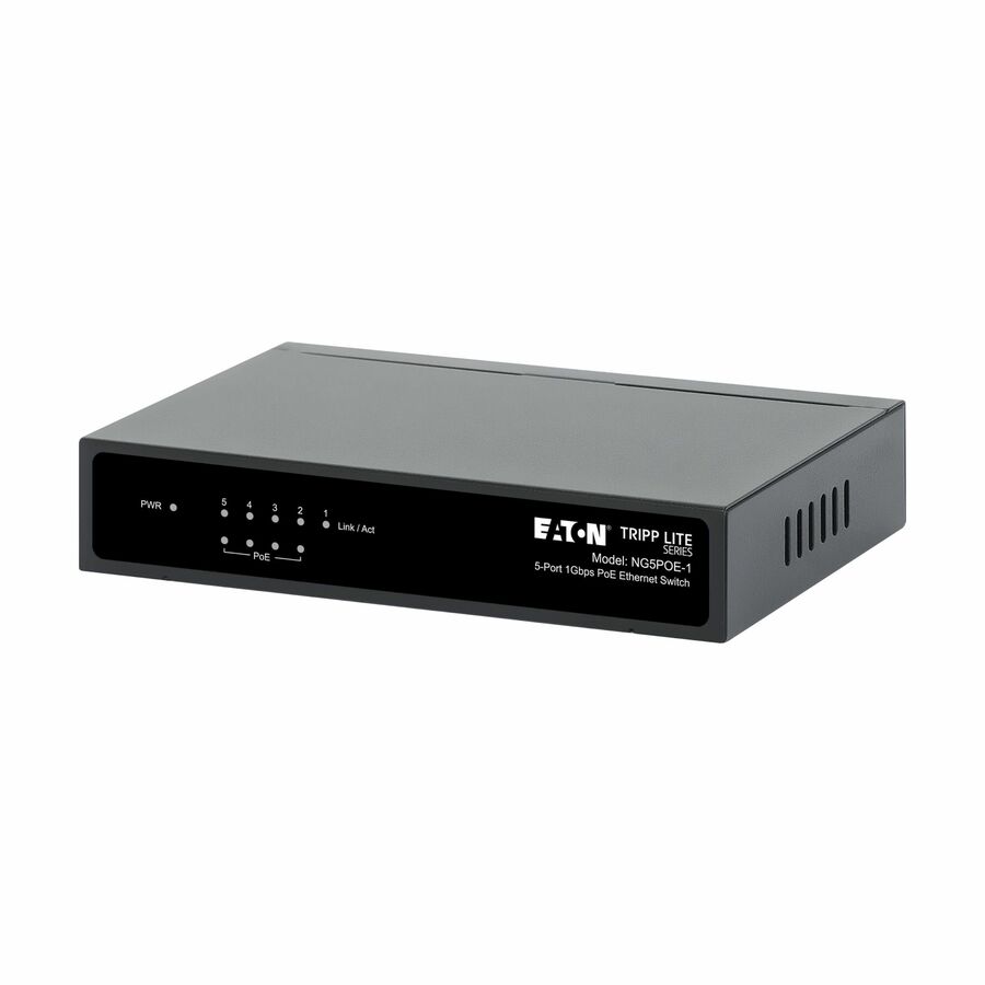 Eaton Tripp Lite Series 5-Port 10/100/1000 Mbps PoE-Powered Desktop Gigabit Ethernet Unmanaged Switch with PoE+ Pass-Through, 65W, Metal Enclosure