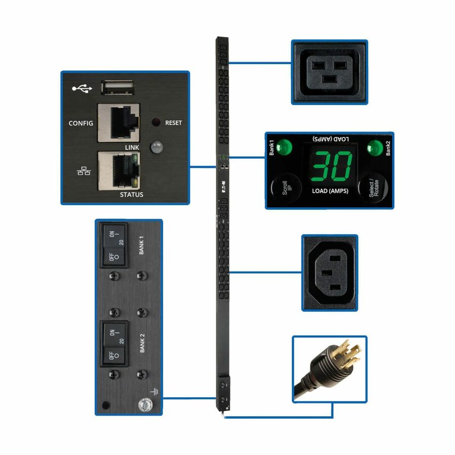 Tripp Lite by Eaton PDU 5.5kW Single-Phase Monitored PDU LX Interface 208/230V Outlets (36 C13/6 C19) L6-30P 10 ft. (3.05 m) Cord 0U 1.8m/70 in. Height TAA
