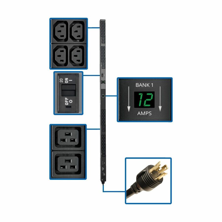 Tripp Lite by Eaton PDU 5.8kW Single-Phase Local Metered PDU 200-240V Outlets (8 C19 and 40 C13) L6-30P 10 ft. (3.05 m) Cord 0U Vertical TAA 70 in.
