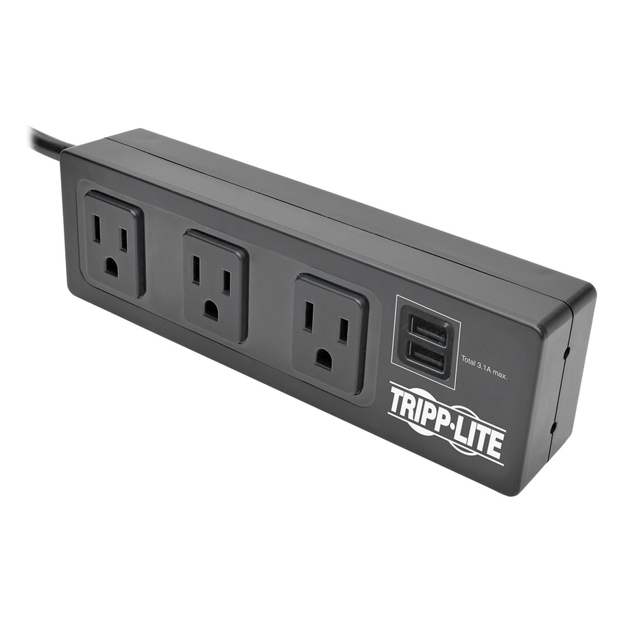 Eaton Tripp Lite Series Protect It! 3-Outlet Surge Protector with Mounting Brackets, 10 ft. Cord, 510 Joules, 2 USB Charging Ports, Black Housing