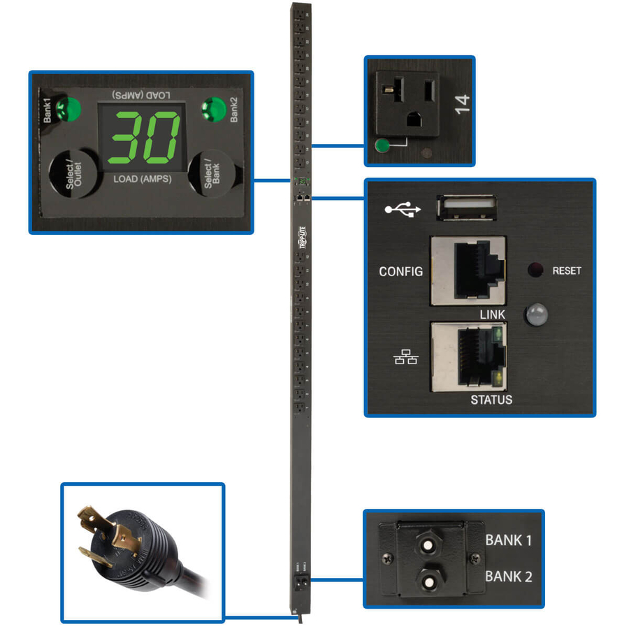 Tripp Lite by Eaton PDU 2.9kW Single-Phase Switched PDU LX Platform Outlet Monitoring 120V Outlets (24 NEMA 5-15/20R) L5-30P Plug 0U TAA