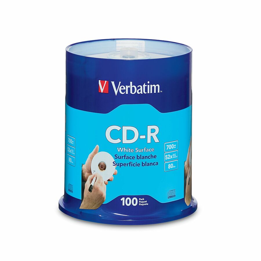 Verbatim CD-R 700MB 52X with Blank White Surface - 100pk Spindle
