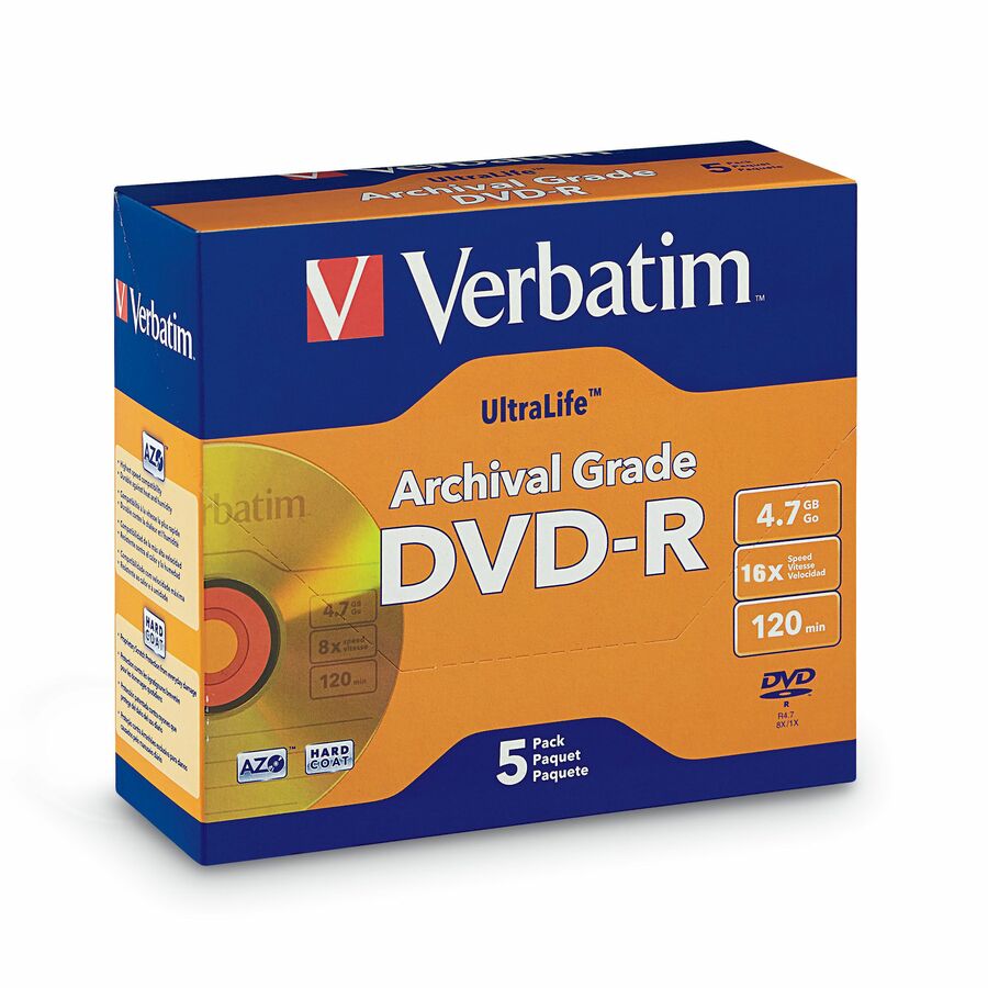 Verbatim DVD-R 4.7GB 16X UltraLife Gold Archival Grade with Branded Surface and Hard Coat - 5pk Jewel Case