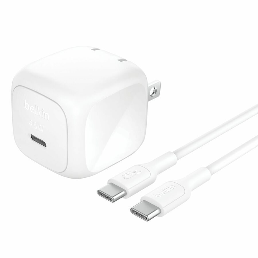 Belkin 45W Portable Cubic USB-C Wall Charger w/ USB-C Cable - 1xUSB-C - Foldable Prongs - Fast Charge - Power Adapter - White