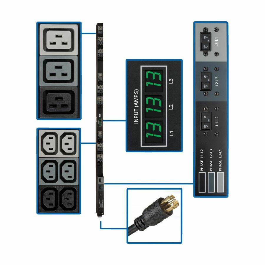 Tripp Lite by Eaton PDU 3-Phase Local Metered PDU 8.6 kW 45 208V outlets (36 C13 9 C19) 6 ft. (1.83 m) NEMA L21-30P Input connection TAA Compliant