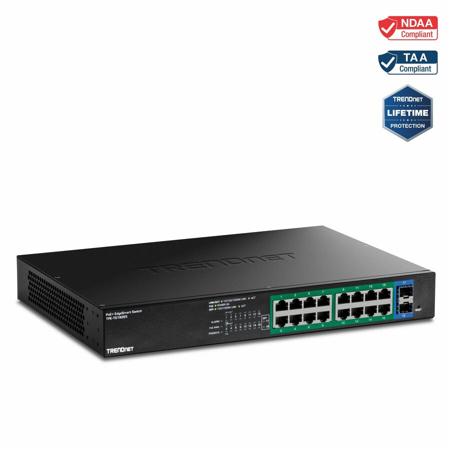 TRENDnet 18-Port Gigabit EdgeSmart PoE+ Switch, TPE TG182ES, 240W PoE Power Budget, 16 x Gigabit PoE+ Ports, 2 x Gigabit SFP Ports, Managed Network Ethernet Switch, Lifetime Protection, Black