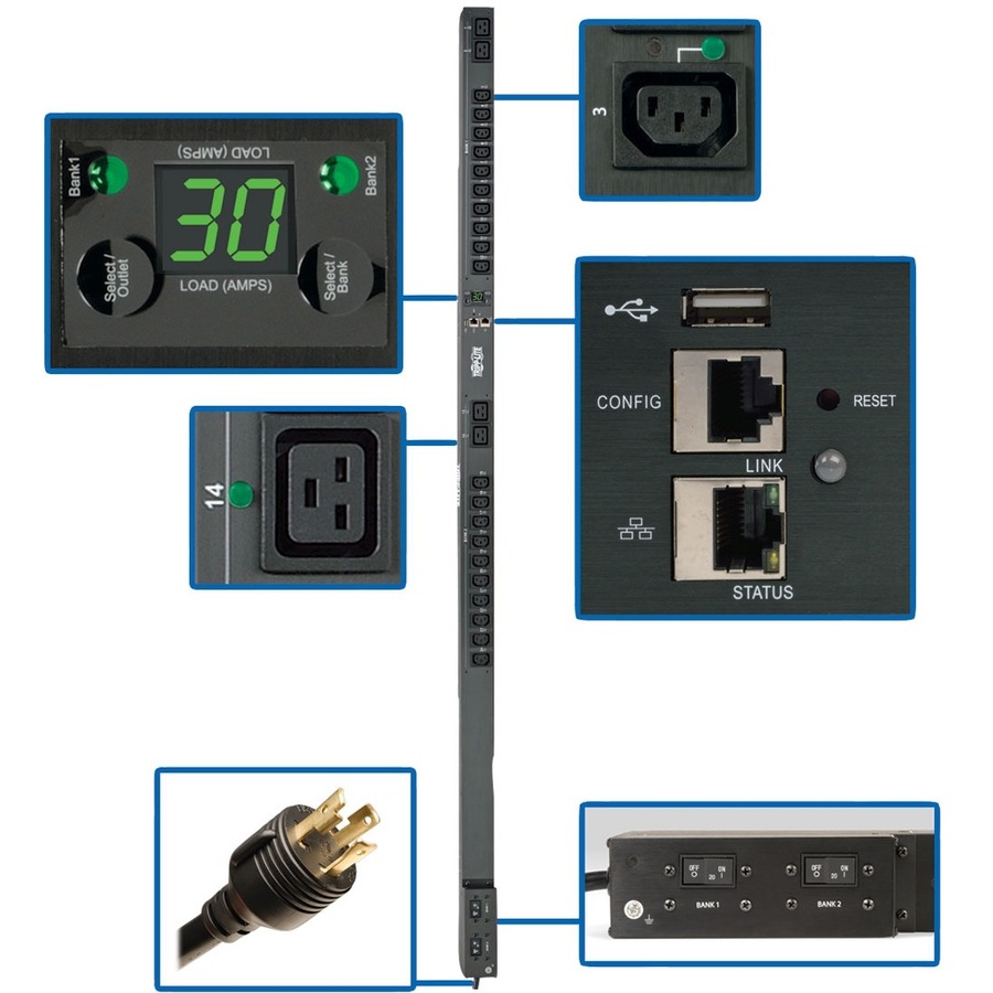 Tripp Lite by Eaton PDU 5.5kW Single-Phase Switched PDU Outlet Monitoring 208/230V Outlets (20 C13 & 4 C19) 0U LX Interface TAA
