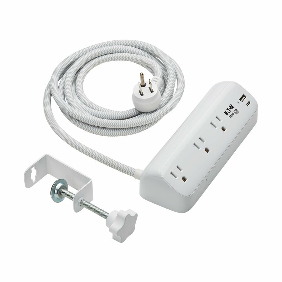 Eaton Tripp Lite Series Protect It! 3-Outlet Surge Protector with USB-A and USB-C Ports - 5-15R Outlets, 900 Joules, 20W PD Charging, Desk Clamp, 8 ft. (2.4 m) Braided Cord, White