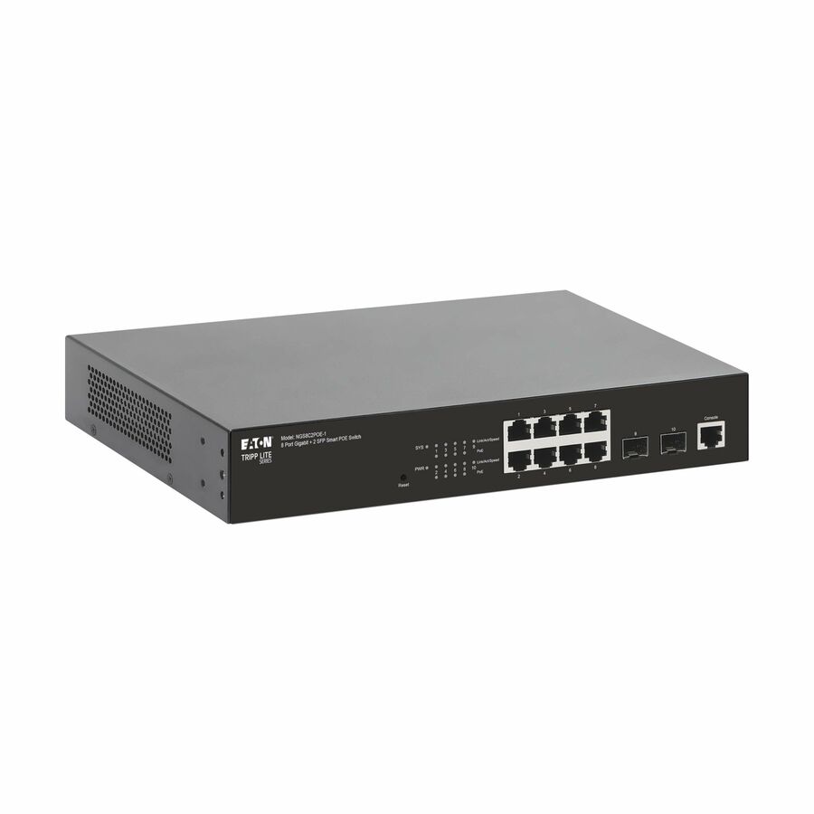 Eaton Tripp Lite series 8-Port Managed Gigabit Ethernet Switch with PoE+ - Layer 2, 1 Gbps, 2x GbE SFP Ports, 140W PoE, 1U Rack/Desktop