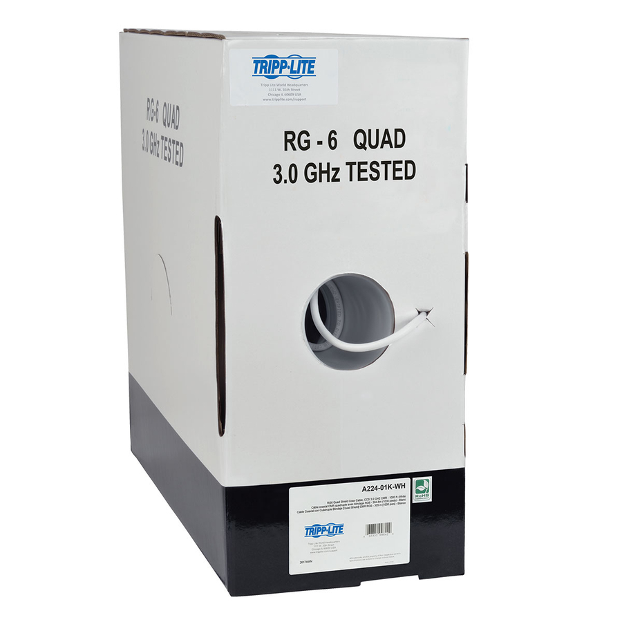 Eaton Tripp Lite Series RG6/U Quad-Shield CMR-Rated Coaxial Cable, White, 1000 ft. (304.8 m)