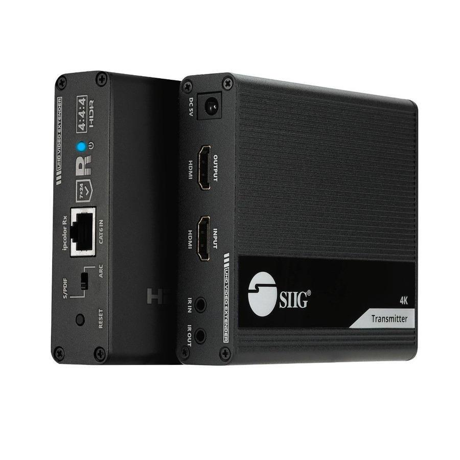 SIIG ipcolor 4K HDMI 2.0 Extender with IR, HDR and ARC - 3840x2160 60Hz HDMI Extender with IR - 18Gbps video bandwidth distance up to 230ft (70m) with zero latency - 1 in 2 out - support loopout - HDMI over Cat6 Extender / HDR / HDCP 2.2 / S/PDIF Audio Extraction or ARC / Bi-directional IR / EDID Switch /ESD Protection / Reset Button / Lightning Protection / Surge Protection - Aluminum alloy housing - 2x IR Extension Cable - Wall Mountable - 2 years warranty
