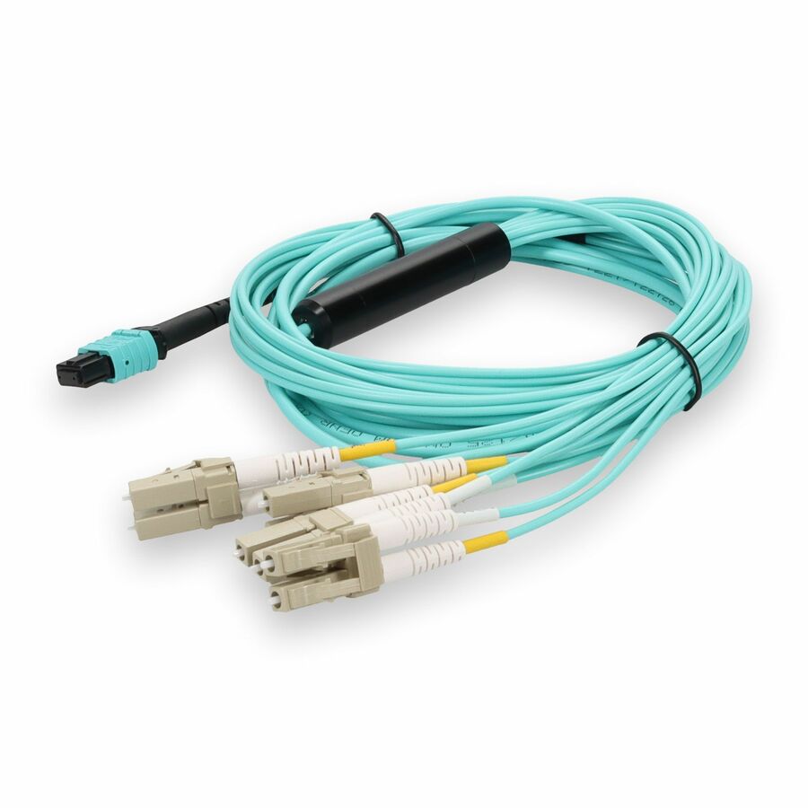 AddOn 10m MPO/UPC to 4xLC Duplex (8xLC)/UPC Aqua OM3 OFNR (Riser-Rated) 8-Strand Fiber Fanout Cable, MMF (Multi Mode), 50/125