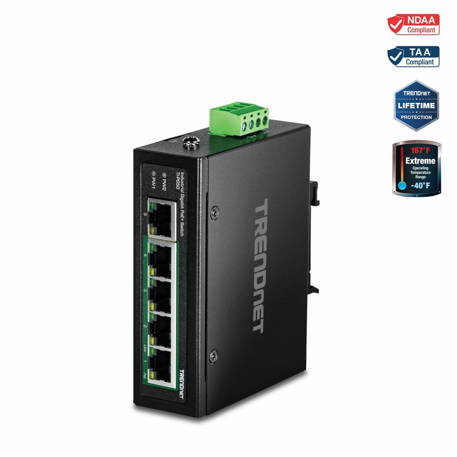TRENDnet 5-Port Hardened Industrial Unmanaged Gigabit Switch; TI-PG50; 10/100/1000Mbps; DIN-Rail Switch; 4 x Gigabit PoE+ Ports; 1 x Gigabit Port; Gigabit Ethernet Network Switch; Lifetime Protection