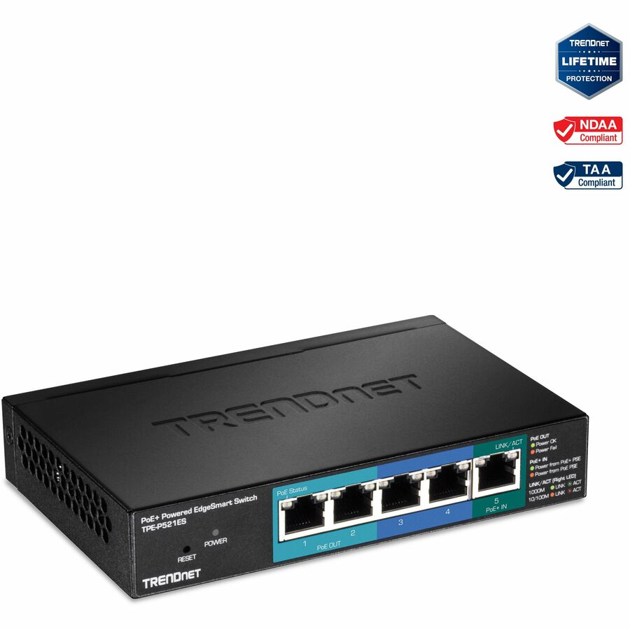 TRENDnet 5-Port Gigabit PoE+ Powered EdgeSmart Switch With PoE Pass Through, 18W PoE Budget, 10Gbps Switching Capacity, Managed Switch, Wall-Mountable, Lifetime Protection, Black, TPE-P521ES - 5-Port Gigabit PoE+ Powered EdgeSmart Switch