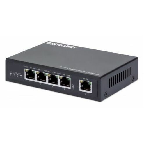 Intellinet 4-Port Gigabit Ultra PoE Extender, Adds up to 100 m (328 ft.) to PoE Range, 90 W PoE Power Budget, Four PSE Ports with up to 30 W Output, IEEE 802.3bt/at/af Compliant, Metal Housing
