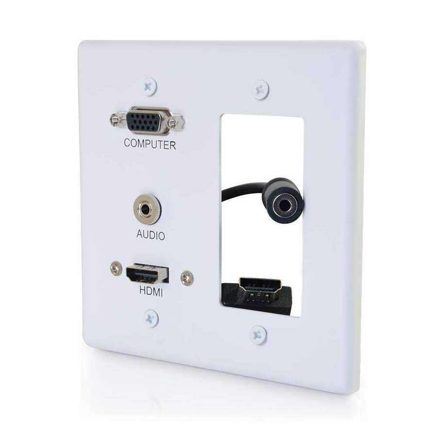 C2G Decorative Dual Gang VGA, 3.5mm Audio and HDMI Wall Plate White - 2-gang - Wall Mount - White - Aluminum, Polyvinyl Chloride (PVC) - 1 x HDMI Port(s) - 1 x Mini-phone Port(s) - 1 x VGA Port(s)