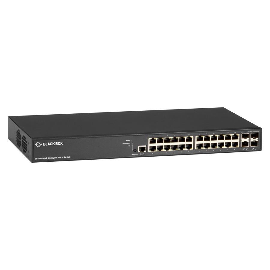 Black Box LPB3000 Ethernet Switch - 24 Ports - Manageable - Gigabit Ethernet, 10 Gigabit Ethernet - 10/100/1000Base-T, 10GBase-X - 2 Layer Supported - Modular - 370 W PoE Budget - Optical Fiber, Twisted Pair - PoE Ports - Desktop - 1 Year Limited Warranty - TAA Compliant