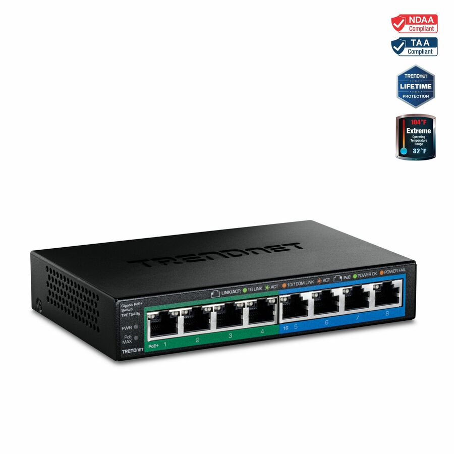 TRENDnet 8-Port Gigabit GREENnet PoE+ Switch, 4 x Gigabit PoE-PoE+ Ports, 4 x Gigabit Ports, 61W Power Budget, 16 Gbps Switch Capacity, Ethernet Unmanaged Switch, Lifetime Protection, Black, TPE-TG44G