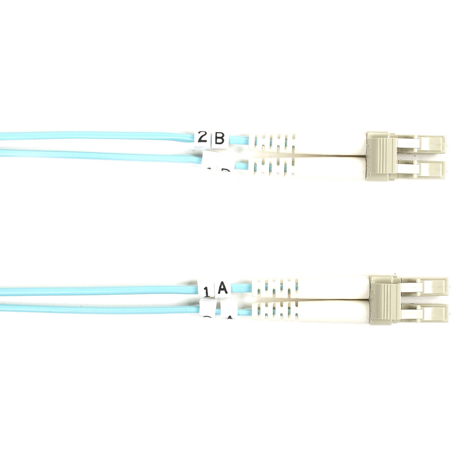 Black Box Fiber Optic Duplex Patch Network Cable - 32.80 ft Fiber Optic Network Cable for Transceiver, Network Device - First End: 2 x LC Network - Male - Second End: 2 x LC Network - Male - 10 Gbit/s - Patch Cable - OFNR - 50/125 µm - Aqua