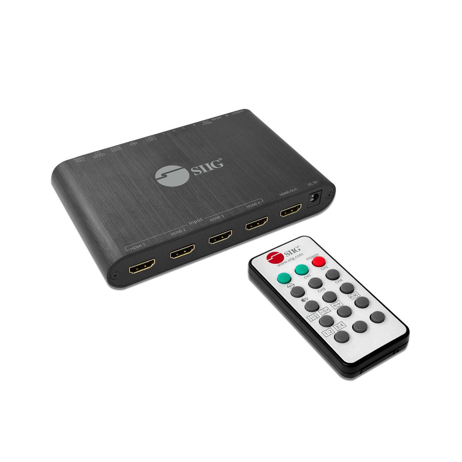 SIIG 4x1 HDMI Seamless Quad-Split Multi-Viewer Switcher - HDMI Quad Switcher - Full HD 1080p -1920x1080 60Hz - HDCP 1.4 - 4x1 HDMI Multi-Viewer Switcher - Computer / DVD Player / Blu-ray Disc Player / Camera / Set-top Box - Quad View - Quad Cycled - Quad H- Dual View- Full View- 4 in 1 out- Audio Switch- Resolution Switch- EDID DIP Switch- IR Sensor- Remote Control- Audio Extraction - FW update/Software - ESD Protection - Aluminum Housing - 3 years warranty -TAA Complaint