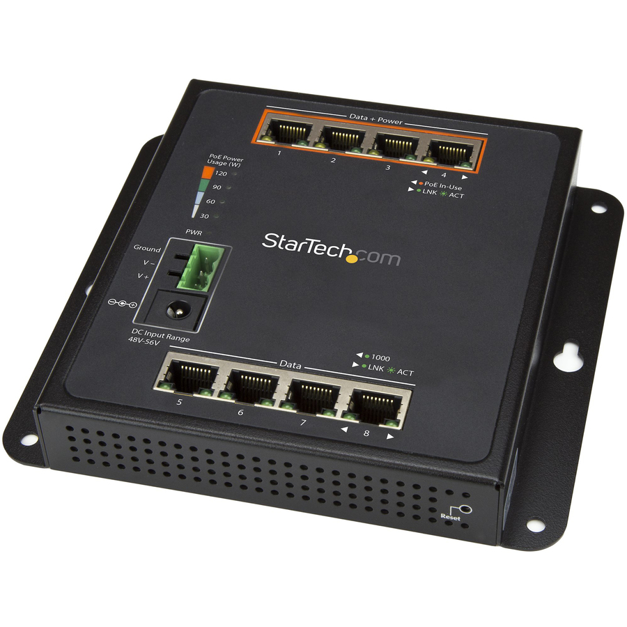 StarTech.com Industrial 8 Port Gigabit PoE Switch, 4 x PoE+ 30W, Power Over Ethernet GbE Layer/L2 Managed Network Switch -40C to +75C, TAA - Industrial 8 port Gigabit PoE switch Up to 30W per 4 Power over Ethernet ports +75C to -40C temp 10/100/1000 Mbps network auto IP-30 housing MTBF 500000+hrs - Vibration/shock/free fall rated - 6kV ESD Full layer/L2 managed DIN/wall mounting 2 yr warr