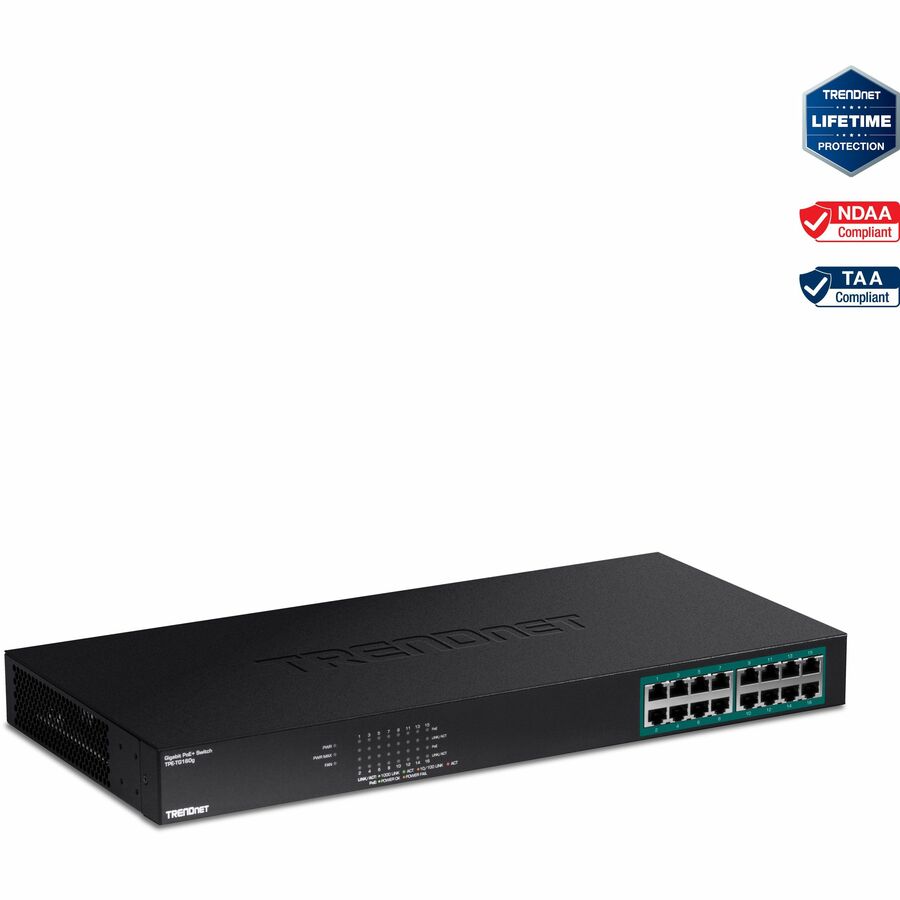 TRENDnet 16-Port Gigabit PoE+ Switch, TPE-TG160g, 16 x Gigabit PoE+ Ports, 246W PoE Power Budget, 32 Gbps Switching Capacity, Ethernet Splitter, Metal, Lifetime Protection, Black