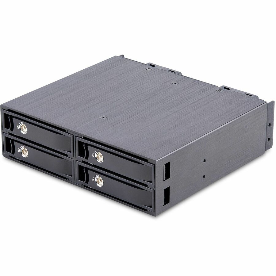 StarTech.com 4-Bay Backplane for U.2 Drives, Fits in a 5.25inch Bay, Mobile Rack for 2.5inch U.2 (SFF-8639) NVMe HDD/SSDs, Removable Trays - 4-bay backplane adds four U.2 (SFF-8639) NVMe drive bays to desktop/server; Supports 7mm to 15mm 2.5" U.2 NVMe SSDs; Up to 32Gbps; Lockable and removeable drive trays/caddies; Works with any operating system; 2x keys incl.; Includes 4x Mini-SAS Cable